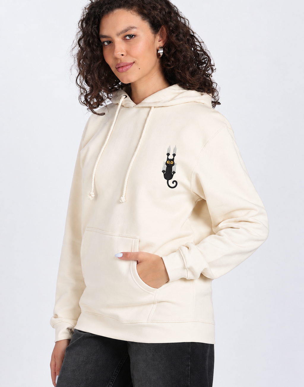 Unisex Premium Oversized Cotton Hoodie - Embroidery Black Cat