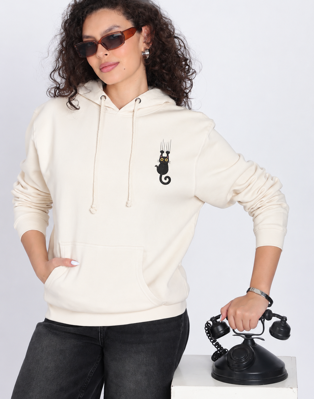 Unisex Premium Oversized Cotton Hoodie - Embroidery Black Cat