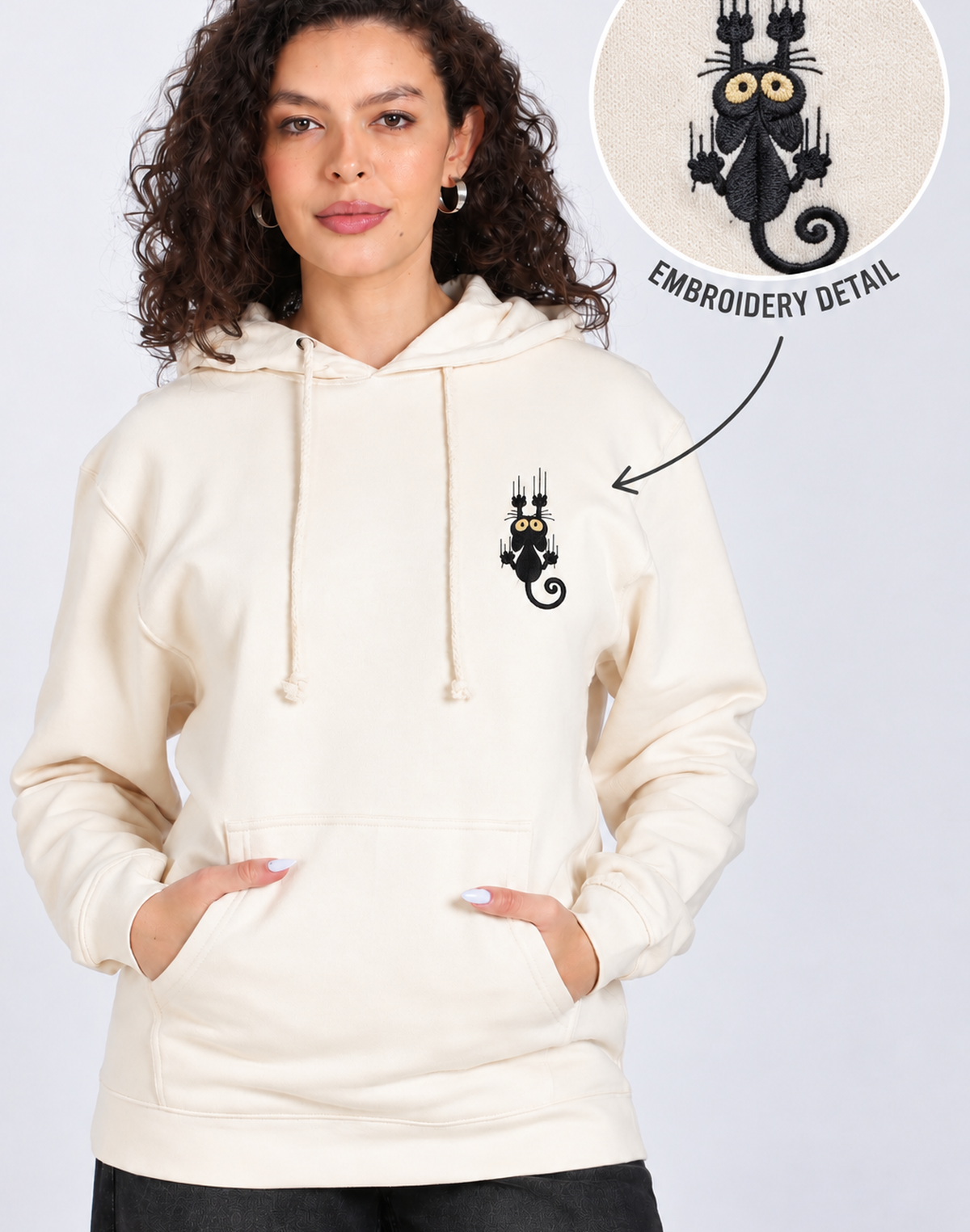 Unisex Premium Oversized Cotton Hoodie - Embroidery Black Cat