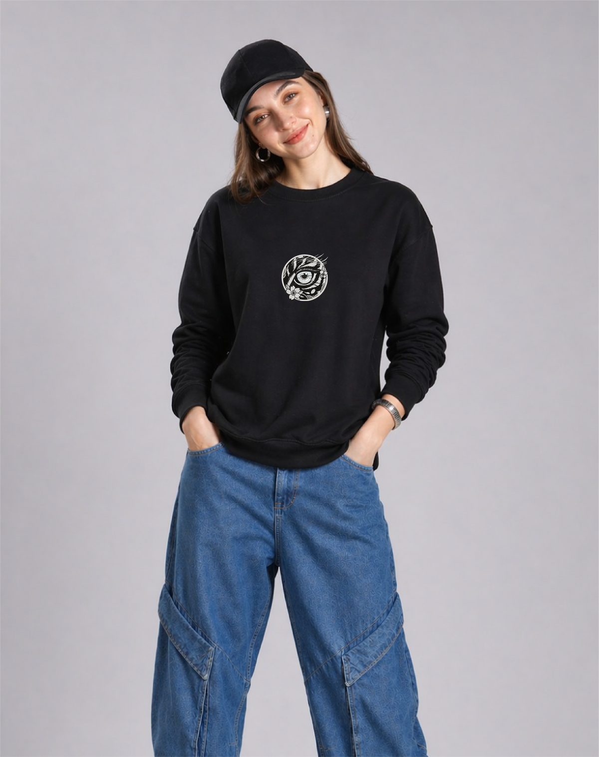 Unisex Premium Oversized Cotton Sweatshirt - Japanese art cat Embroidery