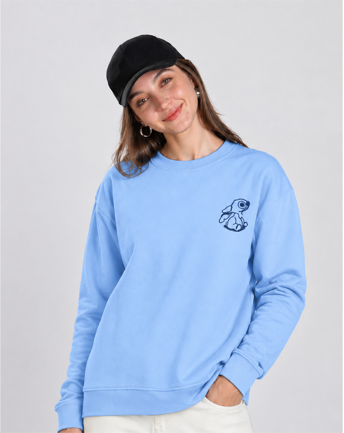 Unisex Premium Oversized Cotton Sweatshirt - Lilo and Stitch Embroidery