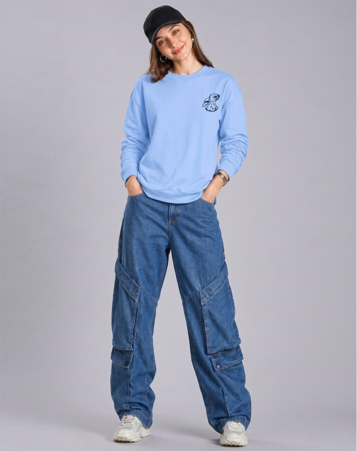 Unisex Premium Oversized Cotton Sweatshirt - Lilo and Stitch Embroidery