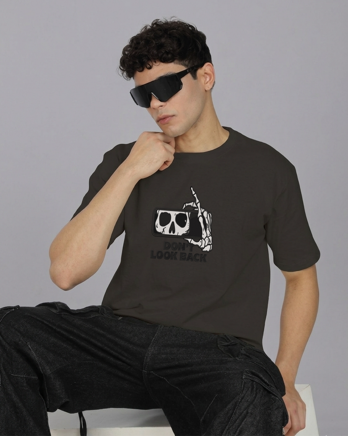 Unisex Premium Oversized Cotton T-shirt - Halloween Embroidery Don't look back