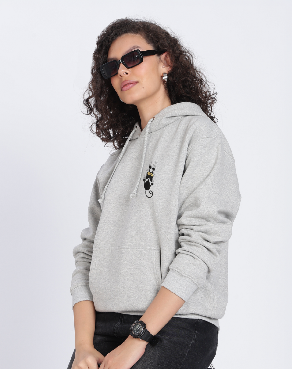 Unisex Premium Oversized Cotton Hoodie - Embroidery Black Cat