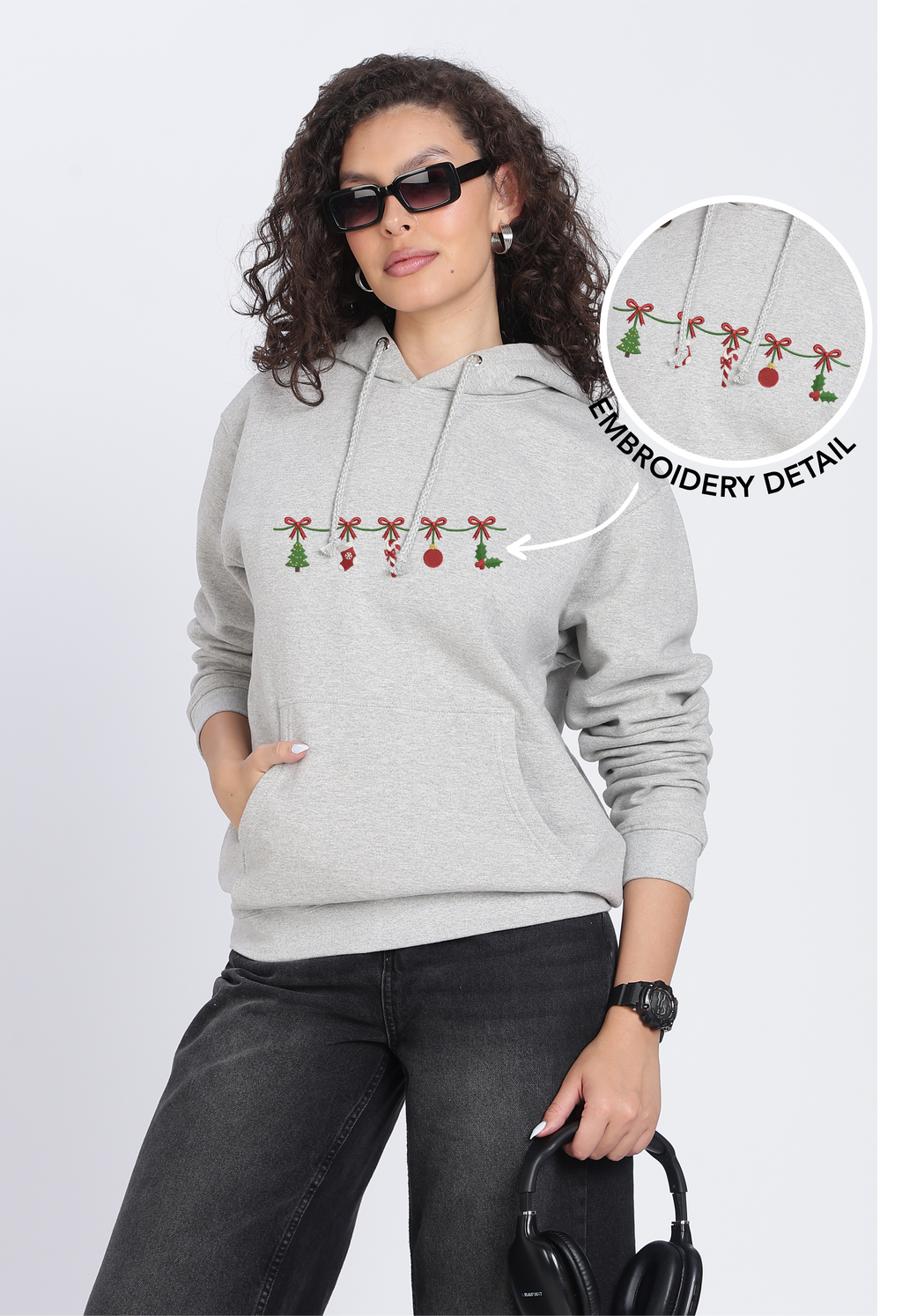 Unisex Premium Oversized Cotton Hoodie - Christmas Embroidery Jingles charms