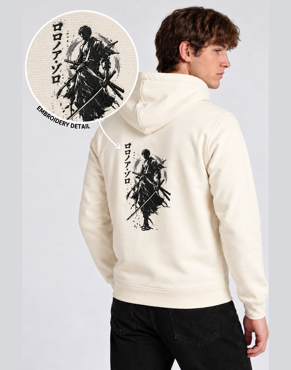 Unisex Premium Oversized Cotton Hoodie-Roronoa Zoro embroidery Anime
