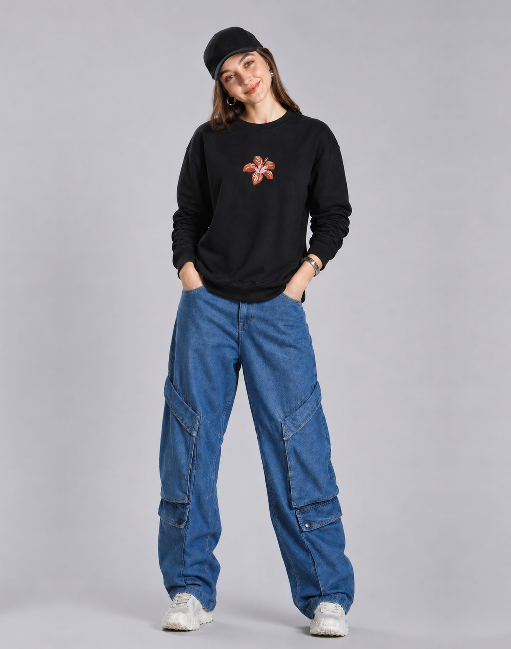 Unisex Premium Oversized Cotton Sweatshirt - Beach flower Embroidery