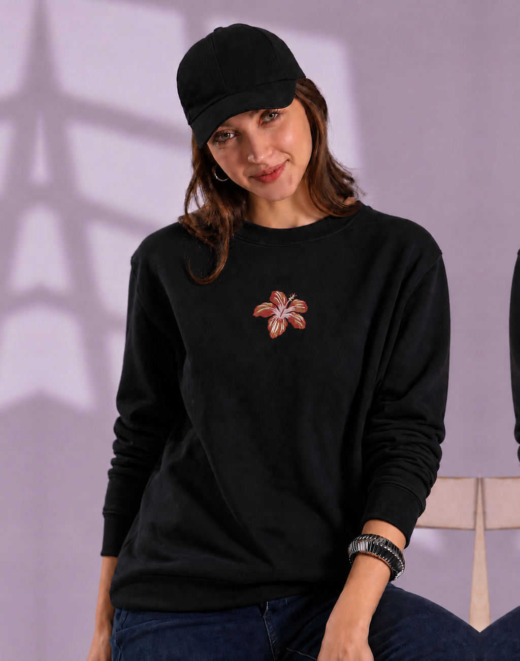Unisex Premium Oversized Cotton Sweatshirt - Beach flower Embroidery