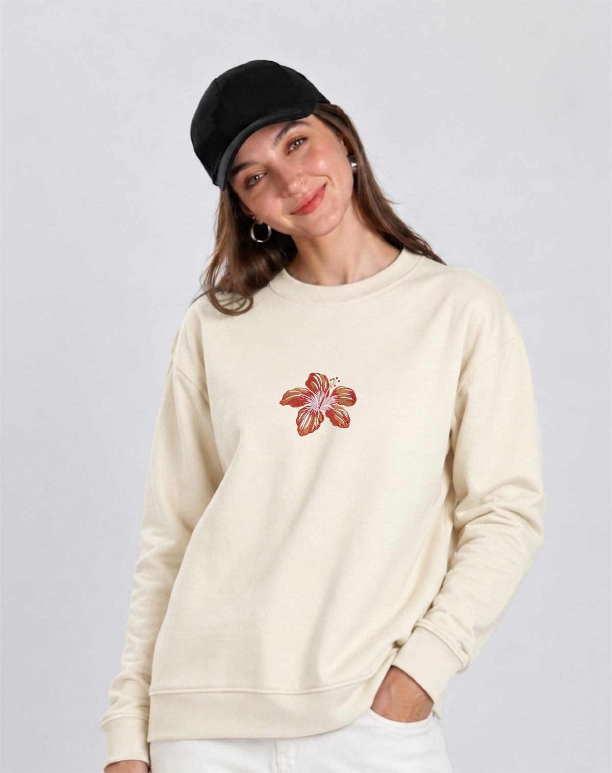 Unisex Premium Oversized Cotton Sweatshirt - Beach flower Embroidery