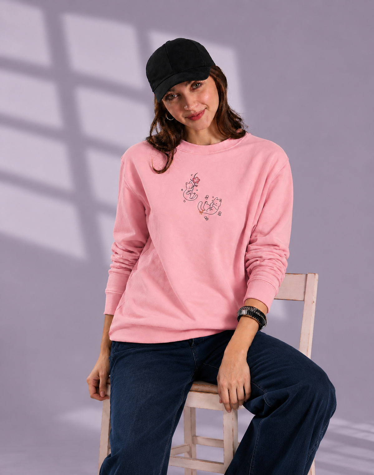 Unisex Premium Oversized Cotton Sweatshirt - Cat embroidery