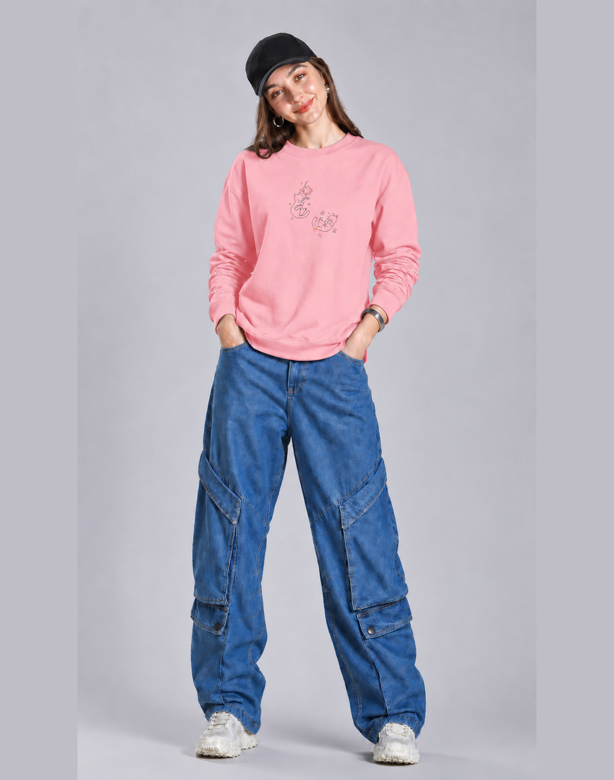 Unisex Premium Oversized Cotton Sweatshirt - Cat embroidery