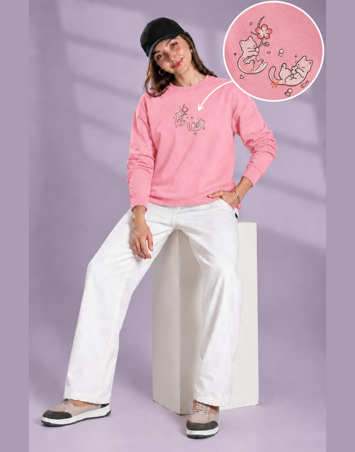 Unisex Premium Oversized Cotton Sweatshirt - Cat embroidery