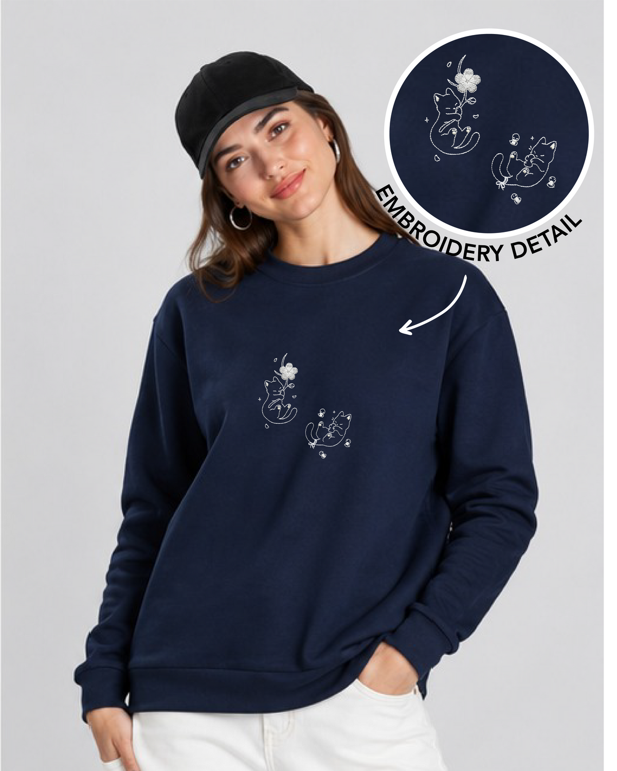 Unisex Premium Oversized Cotton Sweatshirt - Cat embroidery