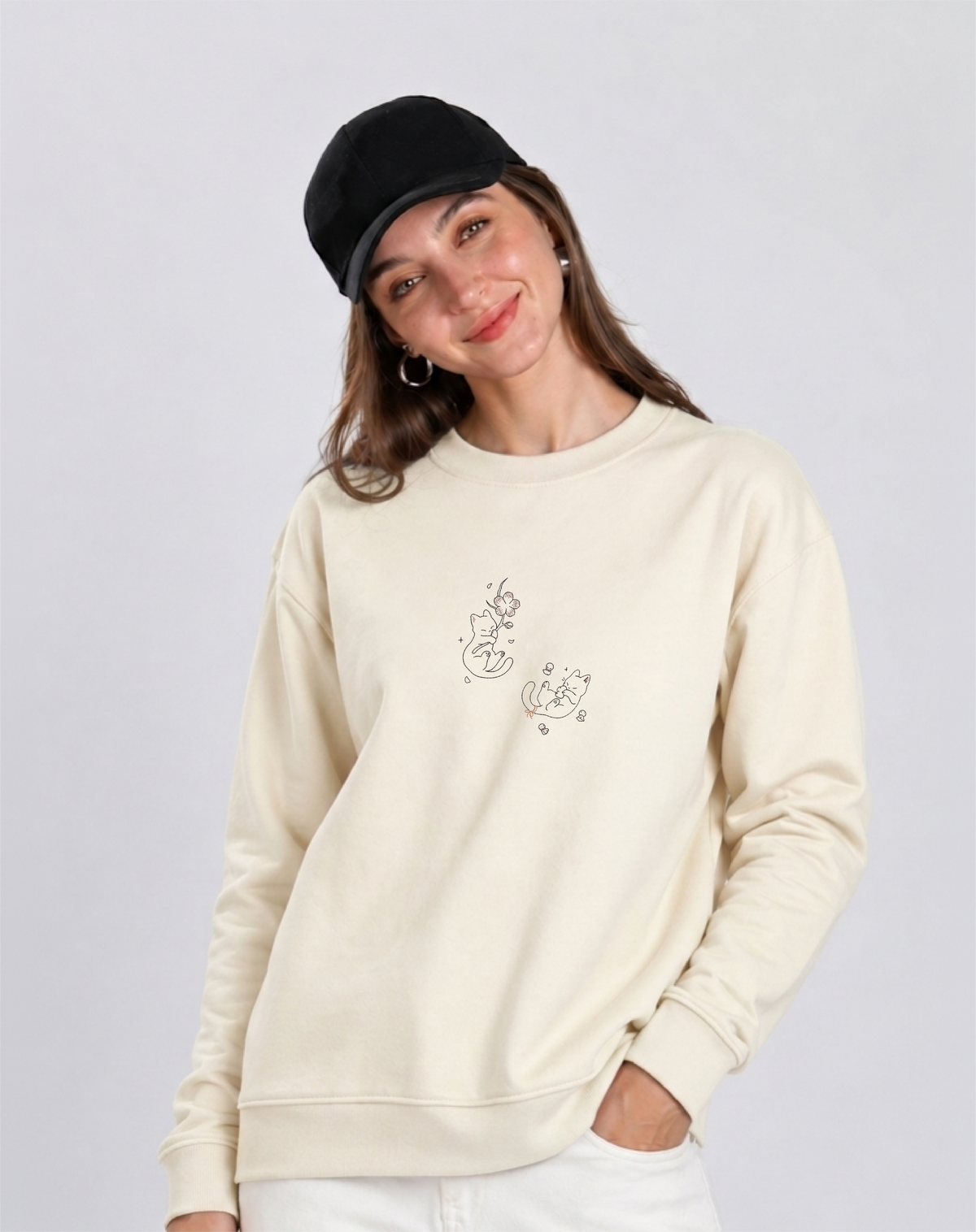 Unisex Premium Oversized Cotton Sweatshirt - Cat embroidery