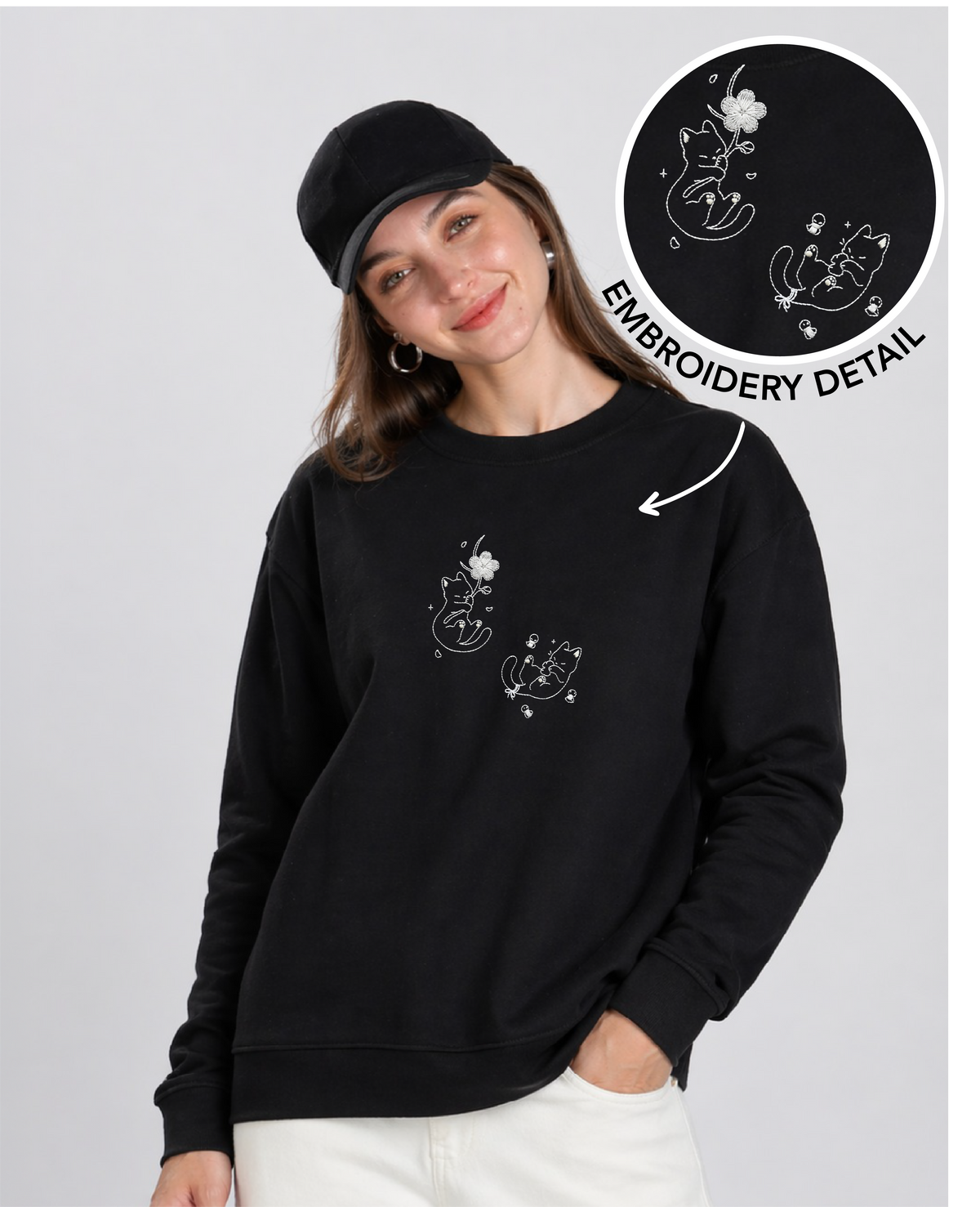 Unisex Premium Oversized Cotton Sweatshirt - Cat embroidery