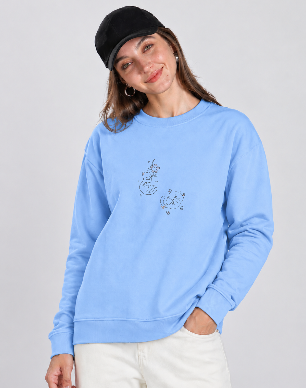 Unisex Premium Oversized Cotton Sweatshirt - Cat embroidery