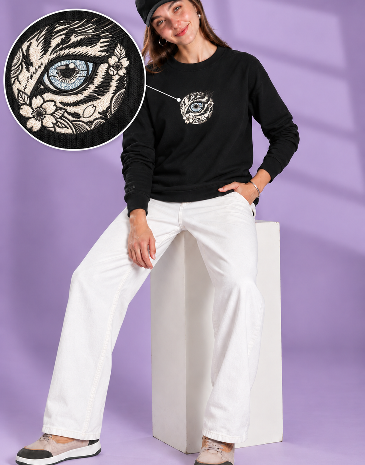 Unisex Premium Oversized Cotton Sweatshirt - Japanese art cat Embroidery