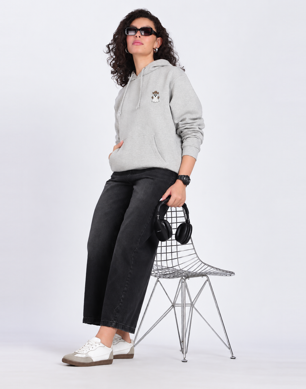Unisex Premium Oversized Cotton Hoodie - Embroidery cowgirl ghost