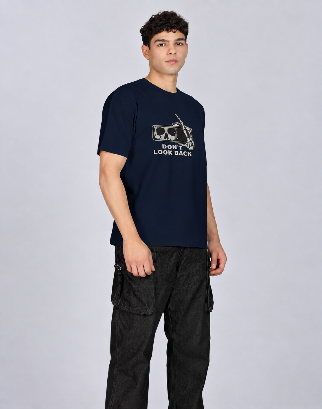 Unisex Premium Oversized Cotton T-shirt - Halloween Embroidery Don't look back