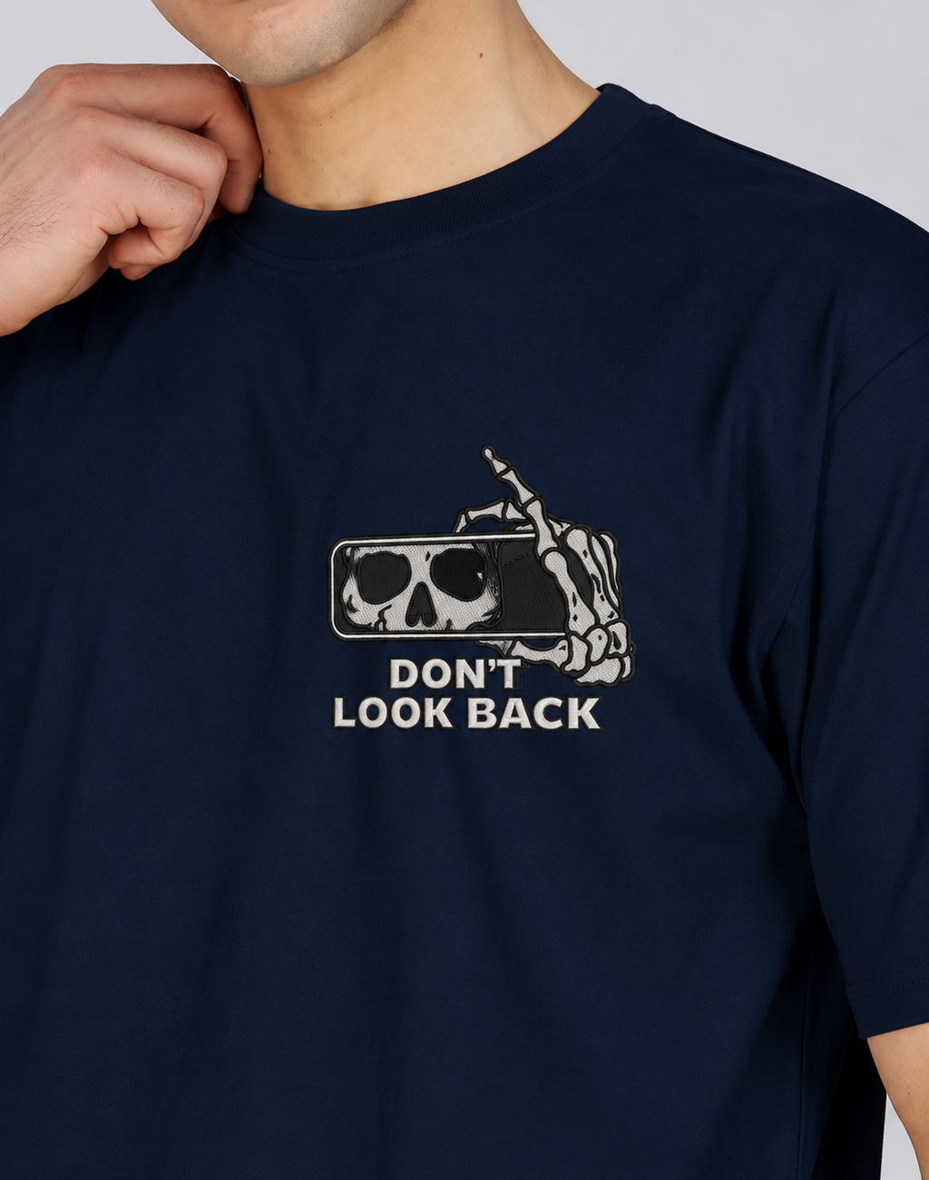 Unisex Premium Oversized Cotton T-shirt - Halloween Embroidery Don't look back
