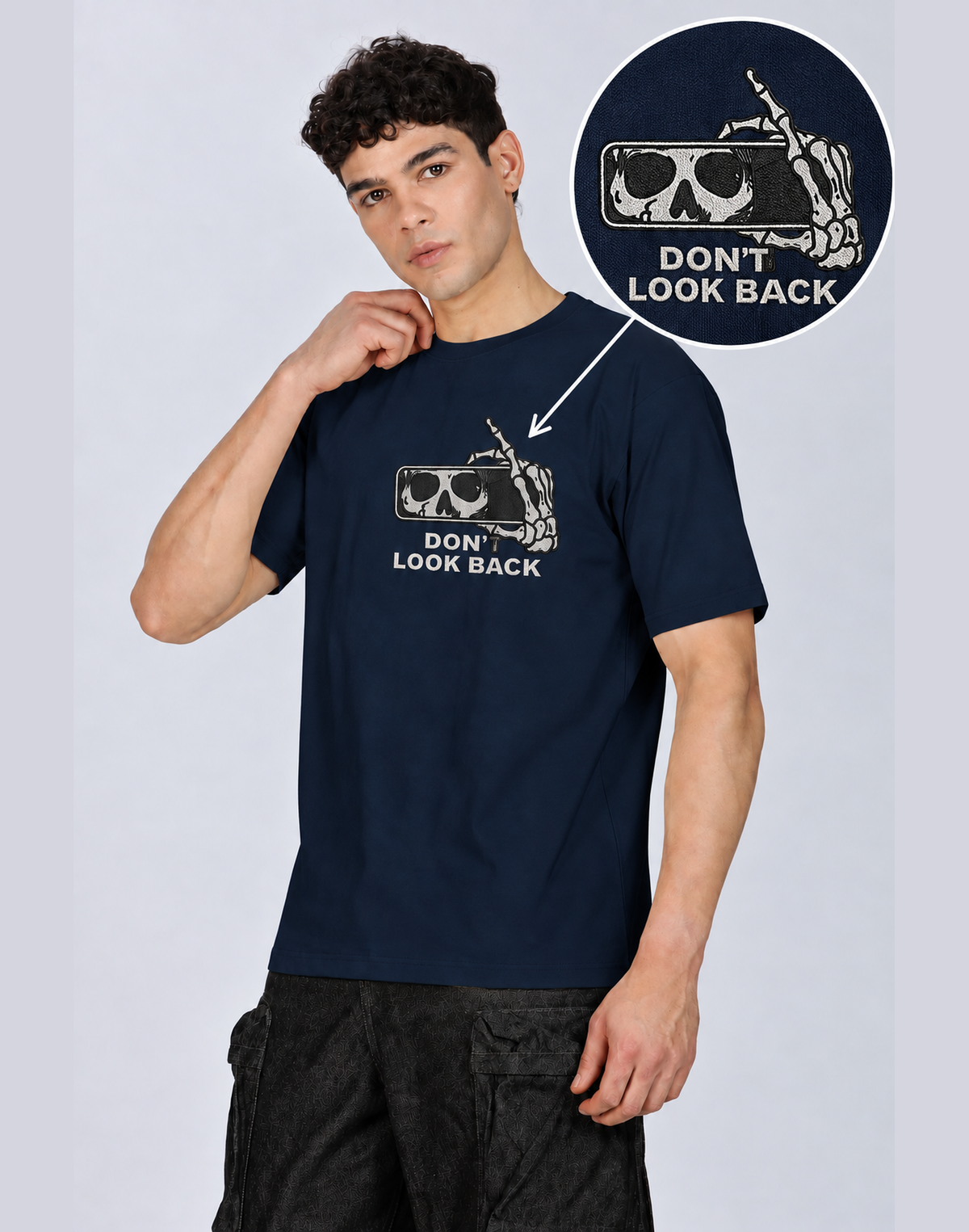 Unisex Premium Oversized Cotton T-shirt - Halloween Embroidery Don't look back