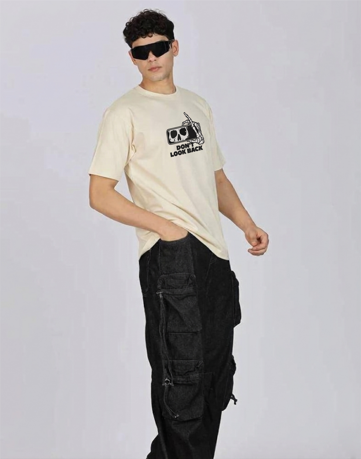 Unisex Premium Oversized Cotton T-shirt - Halloween Embroidery Don't look back