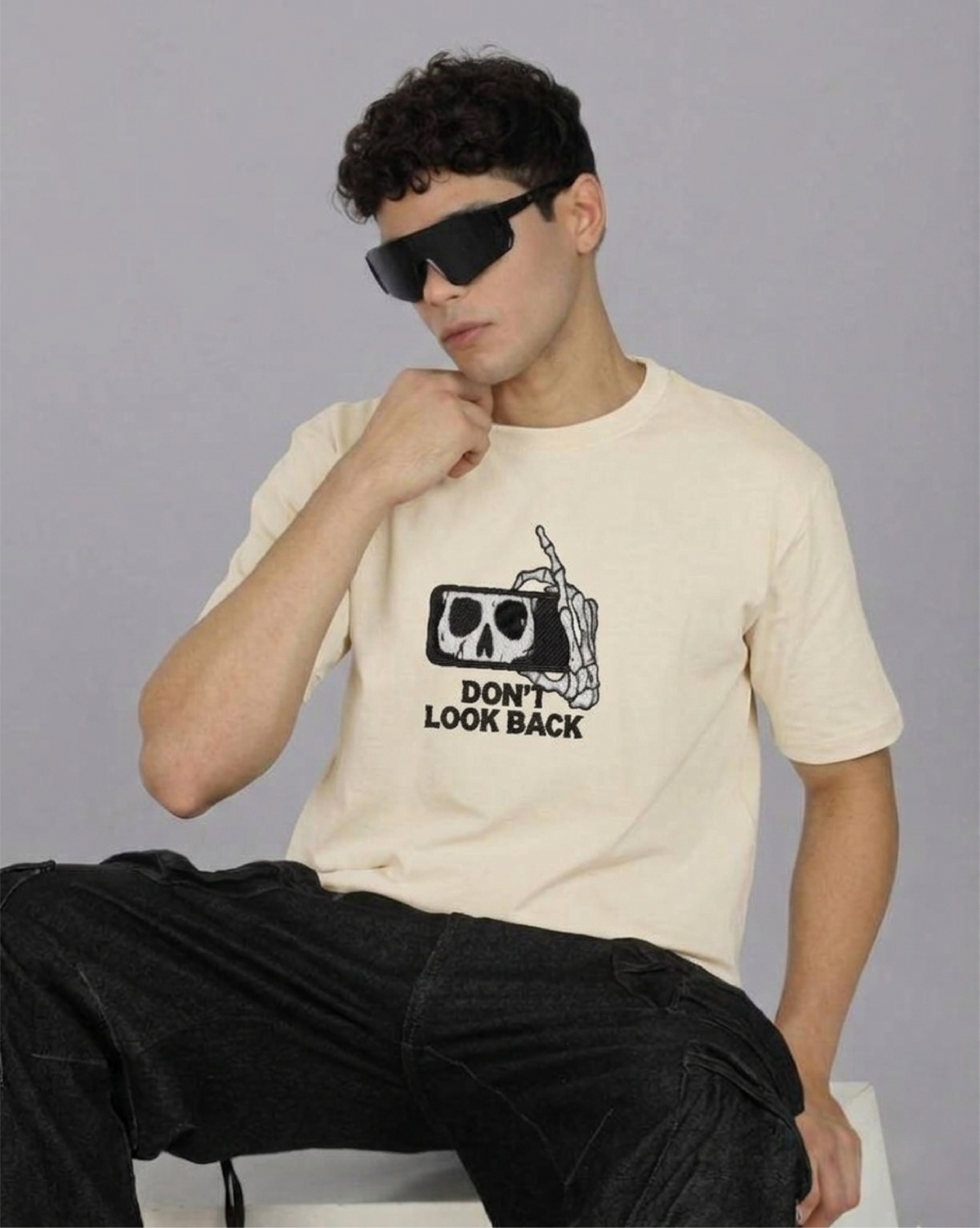 Unisex Premium Oversized Cotton T-shirt - Halloween Embroidery Don't look back