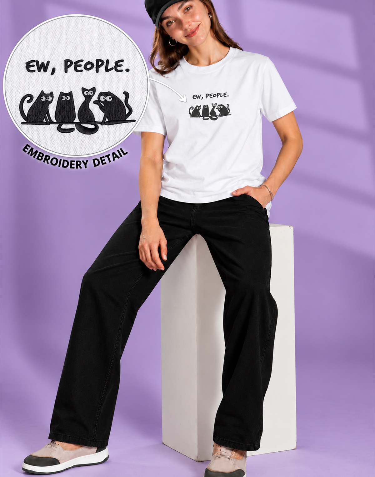 Unisex Premium Oversized Cotton T-shirt - Sarcastic Cat Embroidery