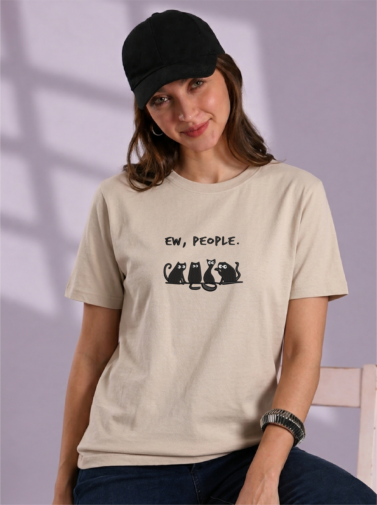 Unisex Premium Oversized Cotton T-shirt - Sarcastic Cat Embroidery