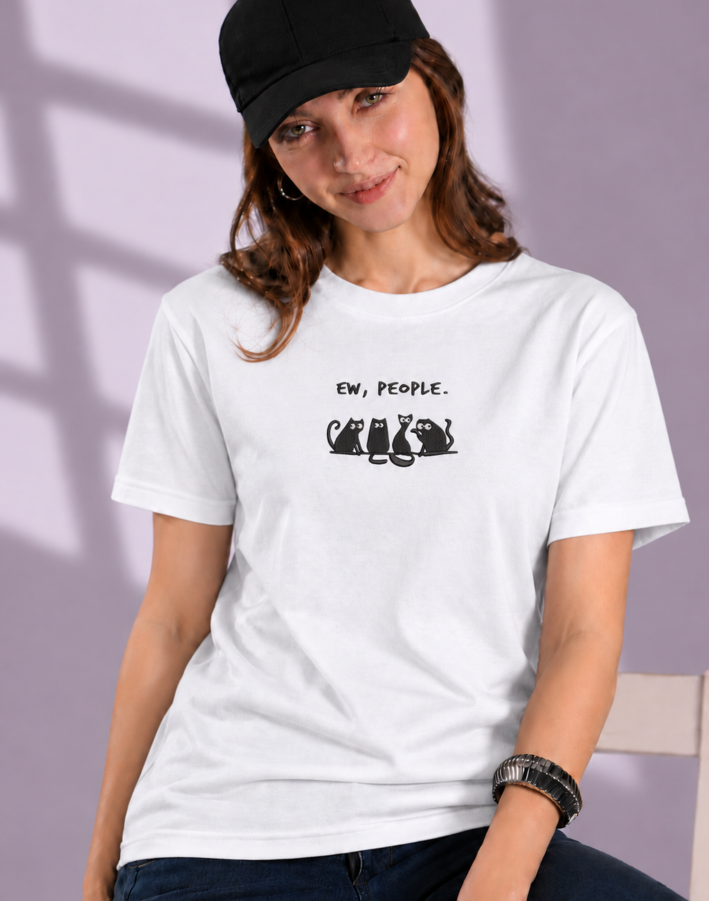 Unisex Premium Oversized Cotton T-shirt - Sarcastic Cat Embroidery