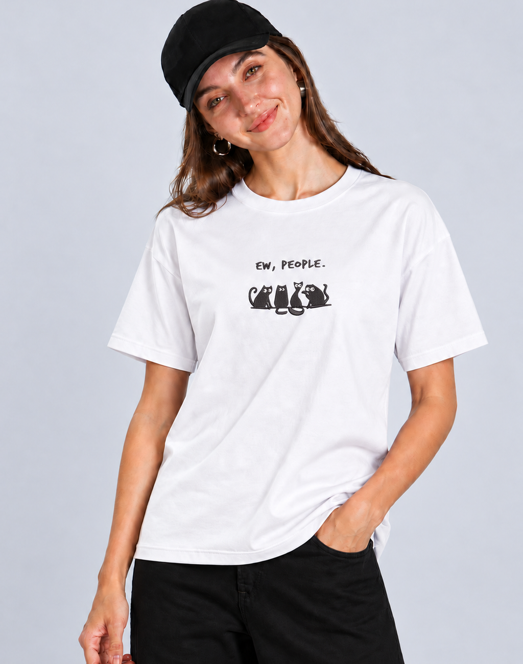 Unisex Premium Oversized Cotton T-shirt - Sarcastic Cat Embroidery