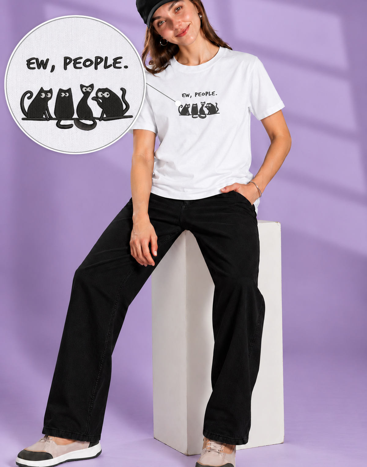 Unisex Premium Oversized Cotton T-shirt - Sarcastic Cat Embroidery