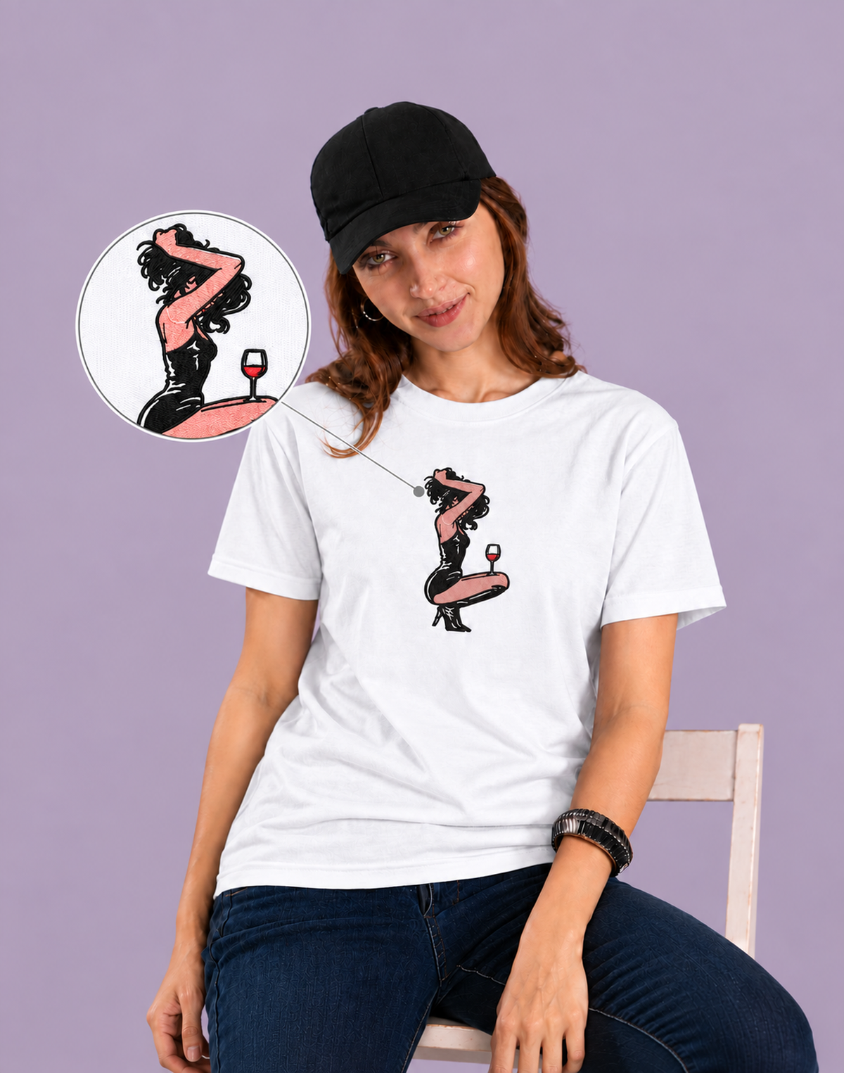 Unisex Premium Oversized Cotton T-shirt - Girl with a wine Embroidery