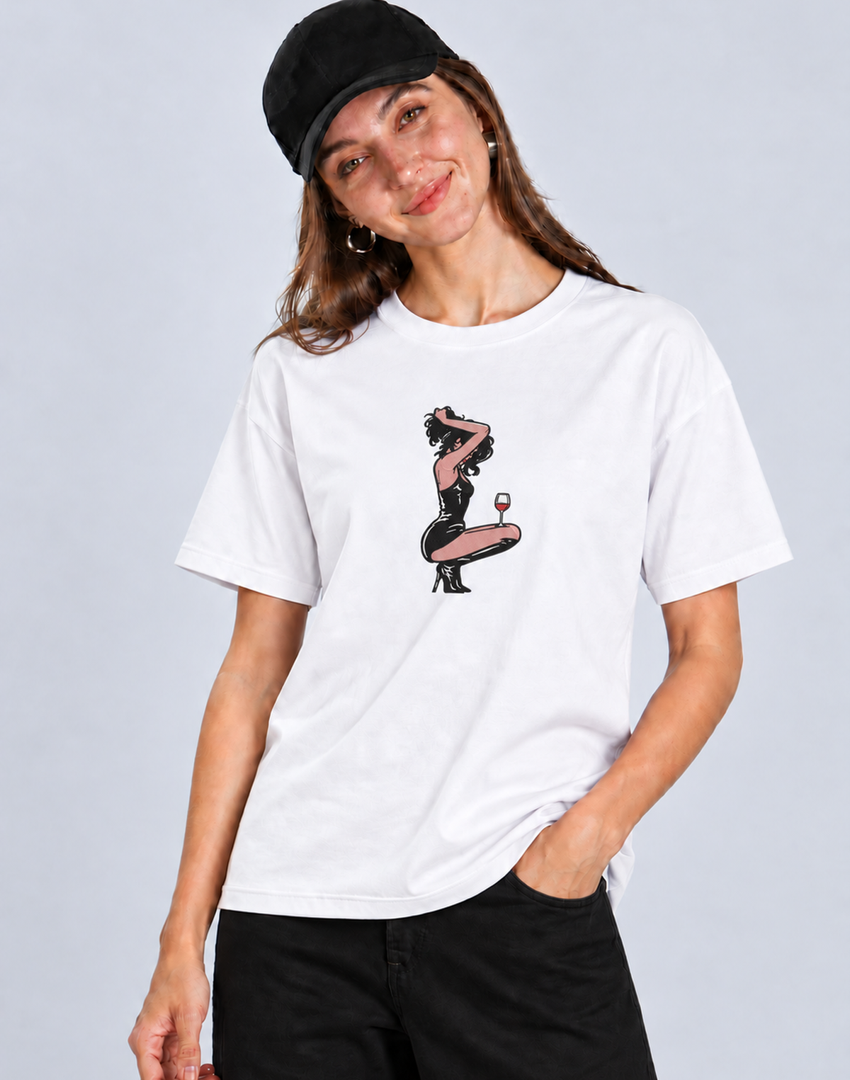 Unisex Premium Oversized Cotton T-shirt - Girl with a wine Embroidery