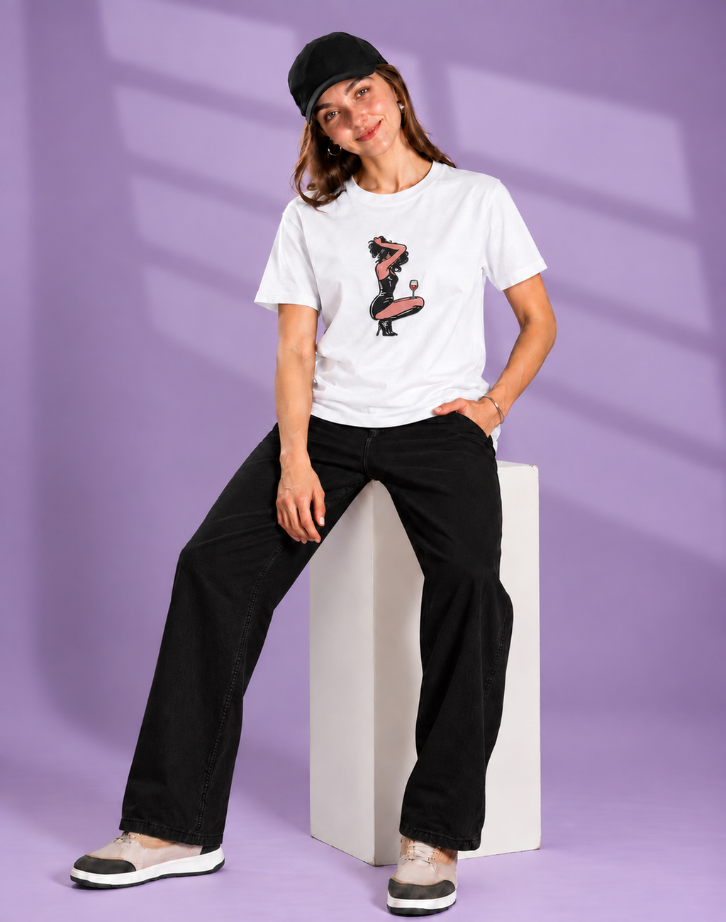 Unisex Premium Oversized Cotton T-shirt - Girl with a wine Embroidery