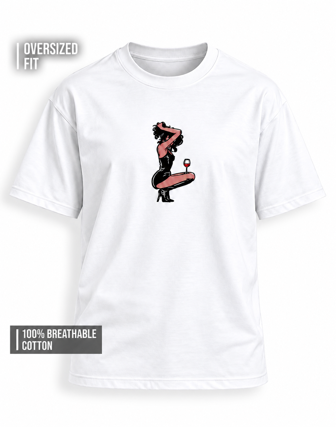 Unisex Premium Oversized Cotton T-shirt - Girl with a wine Embroidery