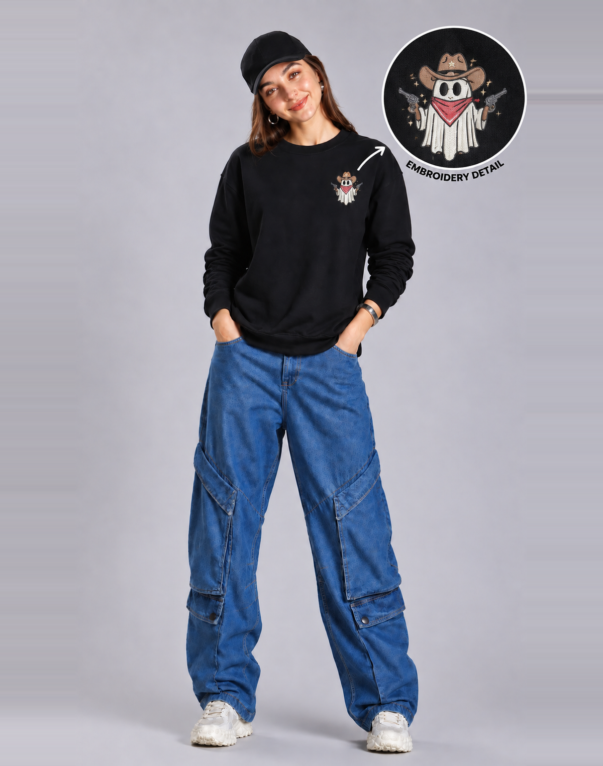 Unisex Premium Oversized Cotton Sweatshirt-Halloween Ghost Embroidery