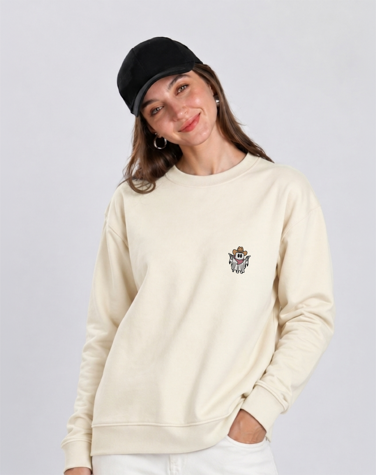 Unisex Premium Oversized Cotton Sweatshirt-Halloween Ghost Embroidery