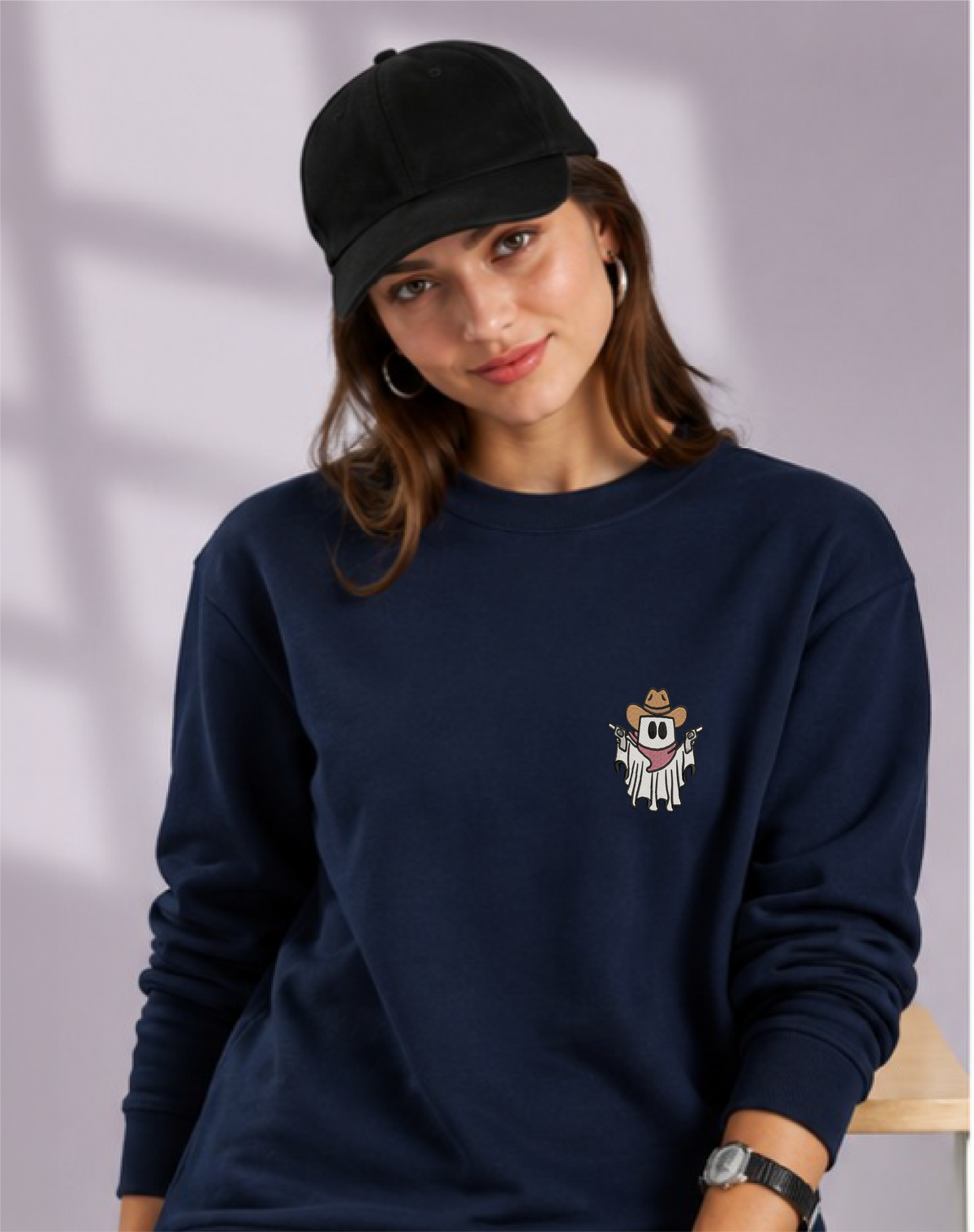 Unisex Premium Oversized Cotton Sweatshirt-Halloween Ghost Embroidery