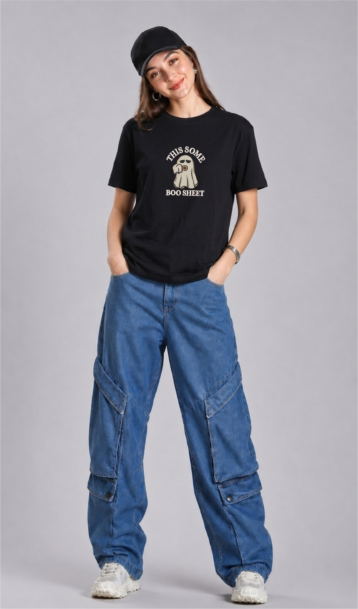 Unisex Premium Oversized Cotton T-shirt - Halloween Embroidery This some boo shit