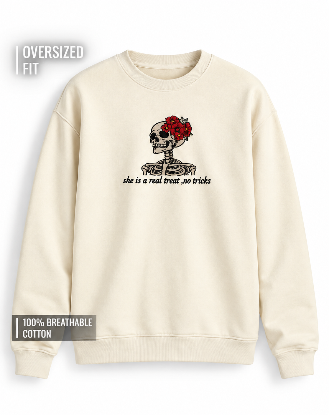 Unisex Premium Oversized Cotton Sweatshirt - Skull treat or trick halloween Embroidery