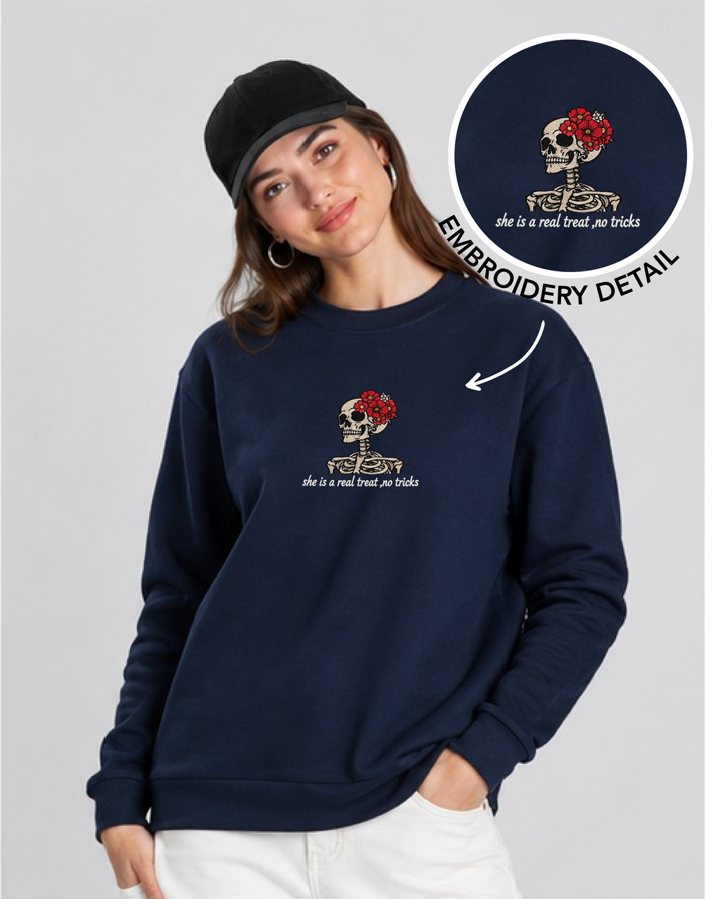 Unisex Premium Oversized Cotton Sweatshirt - Skull treat or trick halloween Embroidery