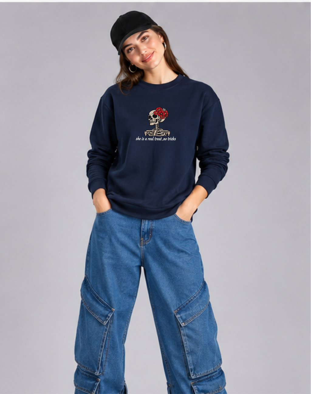 Unisex Premium Oversized Cotton Sweatshirt - Skull treat or trick halloween Embroidery