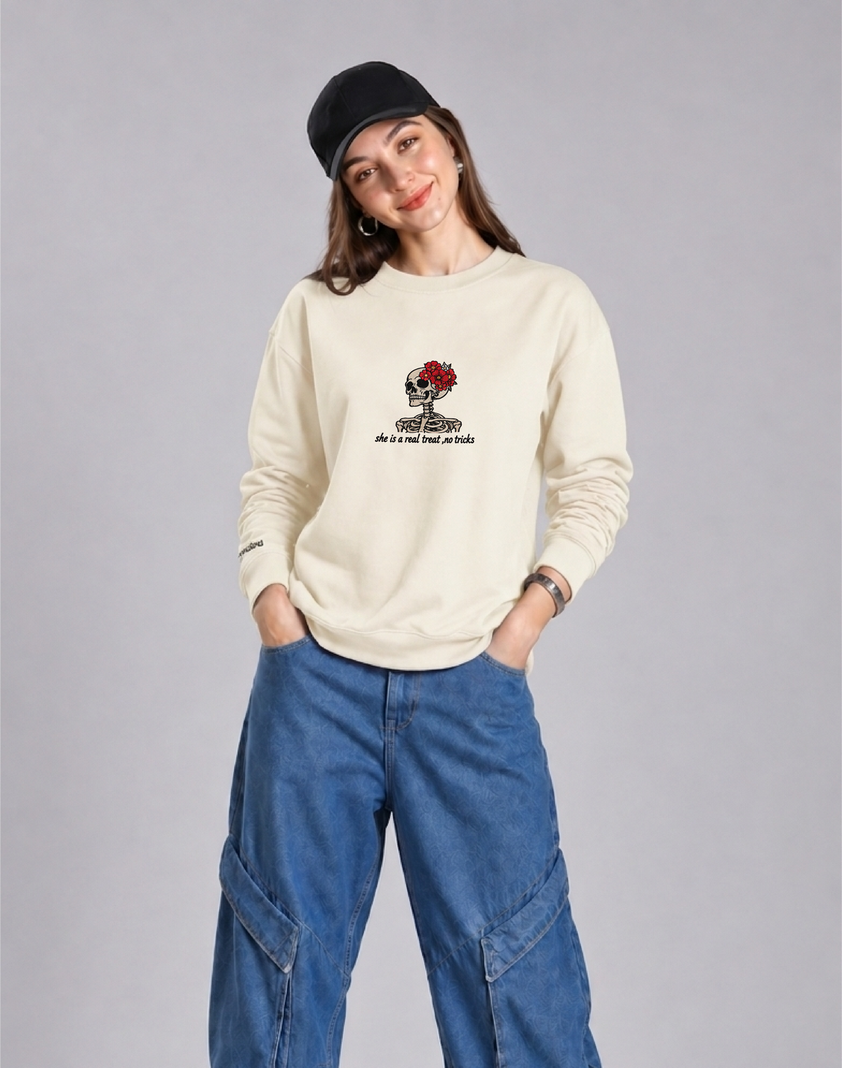 Unisex Premium Oversized Cotton Sweatshirt - Skull treat or trick halloween Embroidery