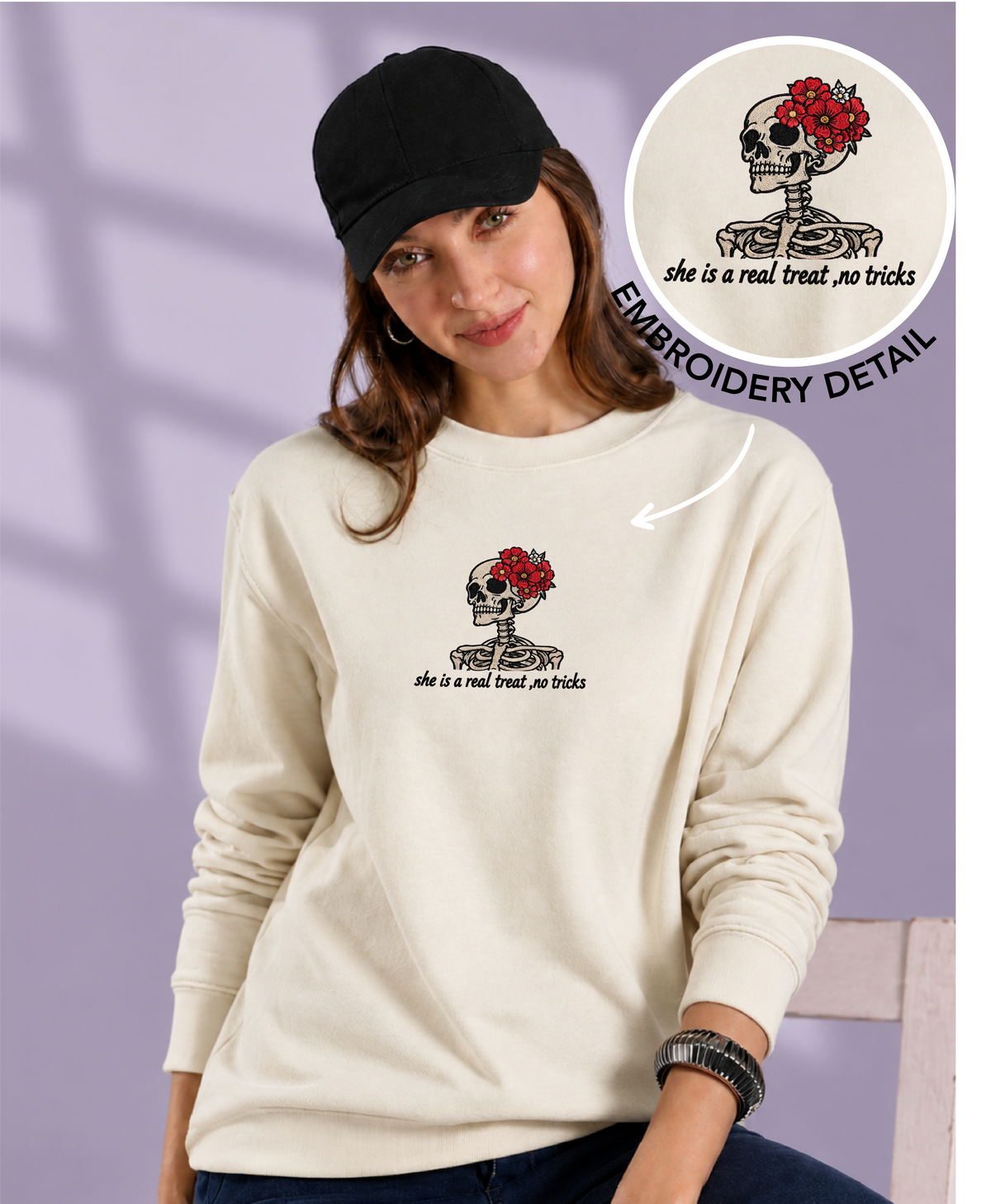 Unisex Premium Oversized Cotton Sweatshirt - Skull treat or trick halloween Embroidery