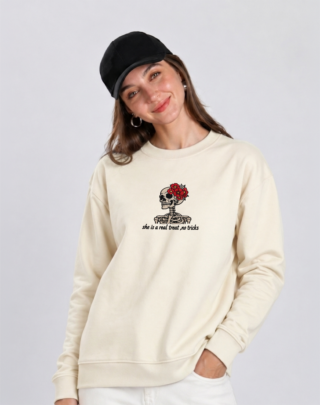 Unisex Premium Oversized Cotton Sweatshirt - Skull treat or trick halloween Embroidery