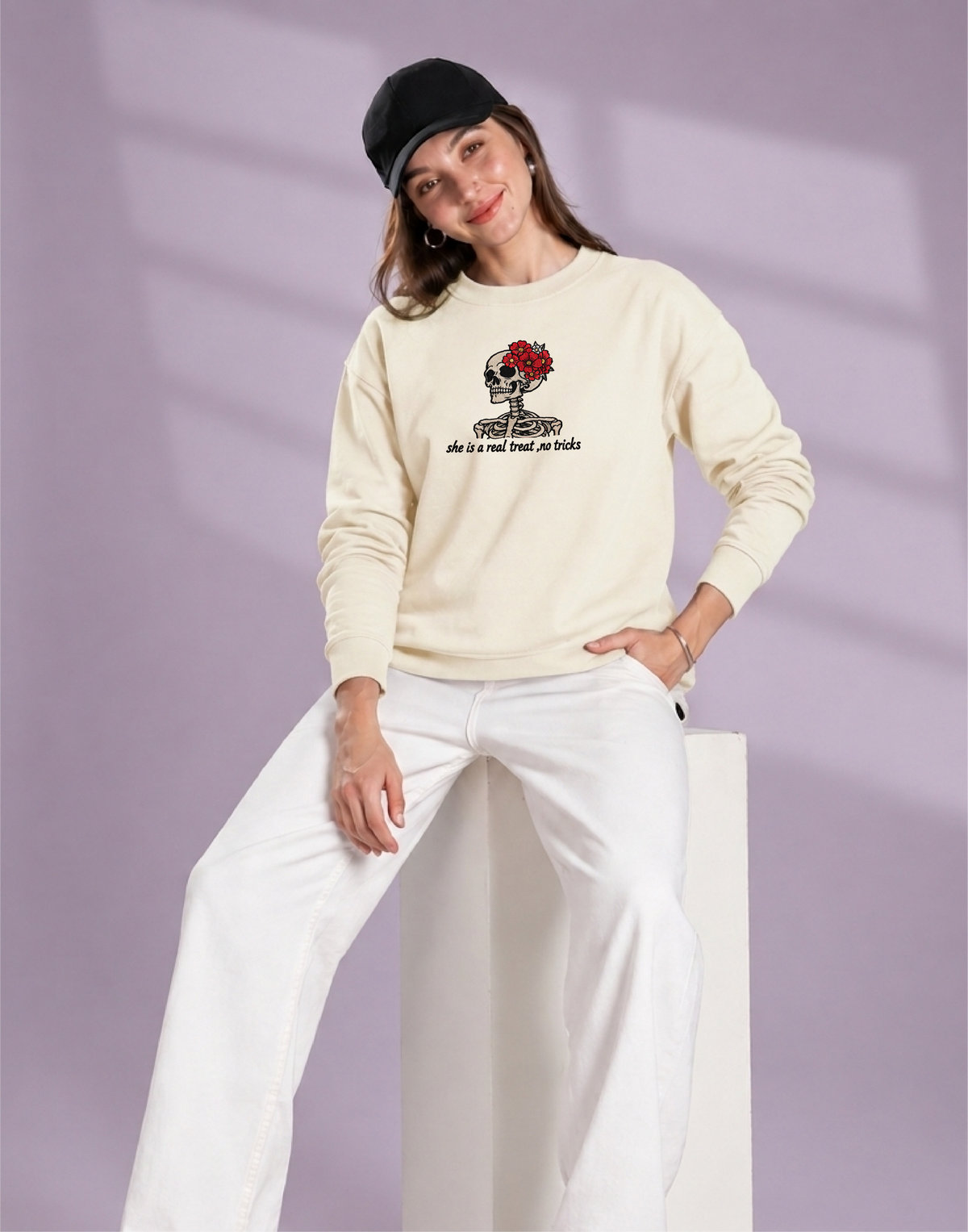 Unisex Premium Oversized Cotton Sweatshirt - Skull treat or trick halloween Embroidery
