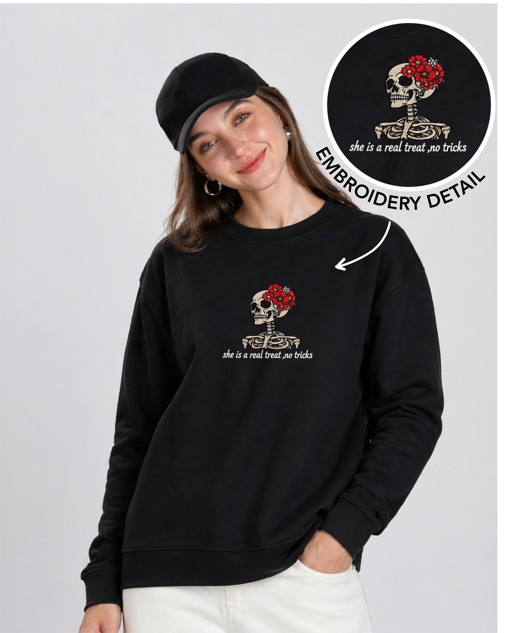 Unisex Premium Oversized Cotton Sweatshirt - Skull treat or trick halloween Embroidery