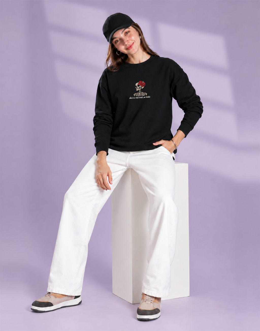 Unisex Premium Oversized Cotton Sweatshirt - Skull treat or trick halloween Embroidery