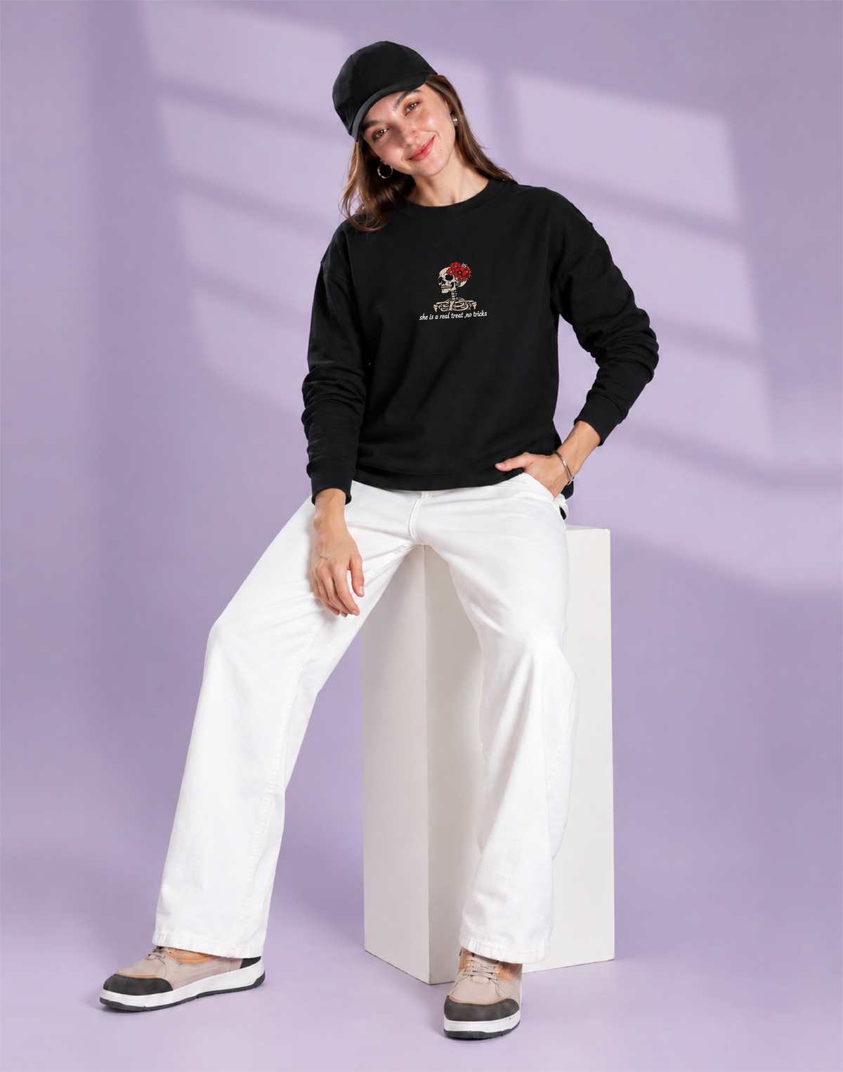 Unisex Premium Oversized Cotton Sweatshirt - Skull treat or trick halloween Embroidery